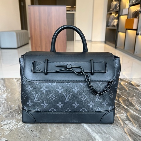 LV 路易威登LOUIS VUITTON Steamer 小盒子 MonogramEclipse 塗層帆布 單肩包斜挎包手提包 小號 黑色拼灰色印花 芯片款