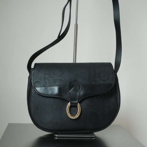 Dior Vintage Trotter 1970-1980s 黑魂老花塗層帆布金扣斜背/肩背包