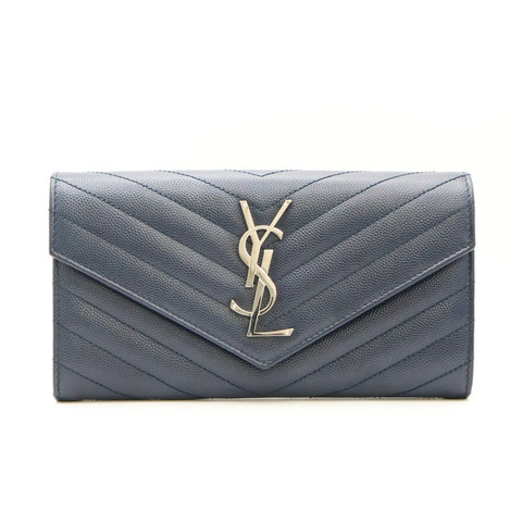 SAINT LAURENT YSL 聖羅蘭 Cassandre Matelasse 扣式長夾 深藍色 荔枝紋 牛皮 372264