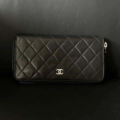Chanel 香奈兒 錢包黑銀羊皮拉鍊款長款