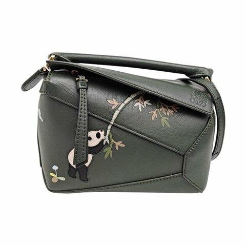 LOEWE Puzzle迷你 深綠色牛皮印花單肩包斜挎包
