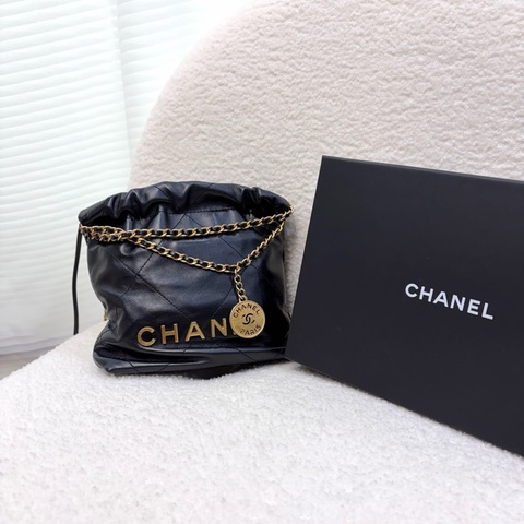 CHANEL黑色牛皮金釦MINI22迷你包AS3980