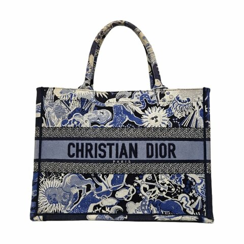 DIOR Book Tote中號藍色帆布刺繡提花手提包