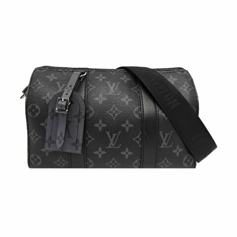 LOUIS VUITTON KEEP ALL 黑色塗層帆布老花黑武士單肩包斜挎包晶片款