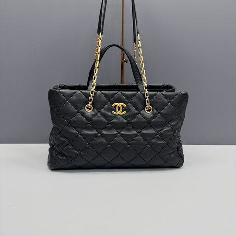 Chanel香奈兒 黑金全皮外縫線2way托特包