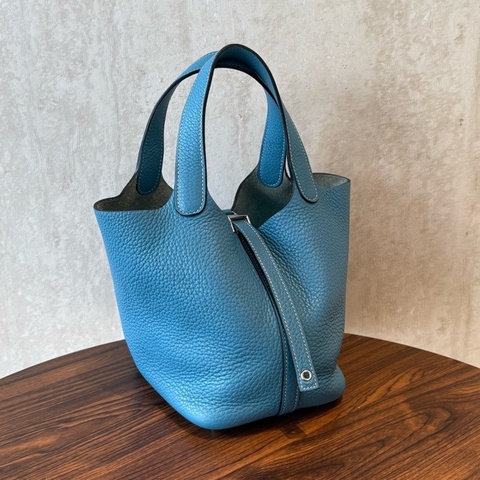 HERMES 愛馬仕 Picotin18 水桶 牛仔藍 tc 銀扣 T刻  附件： 塵袋 鑰匙 鎖