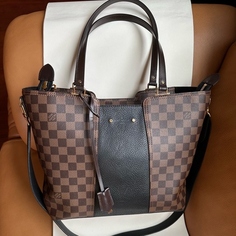 【專櫃真品】LV N44023 Jersey 棋盤格拼接黑色牛皮 兩用托特包／托特肩背兩用包