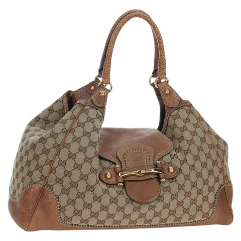 GUCCI GG帆布馬銜扣手提包 米色 金色 223958 正品 194118V