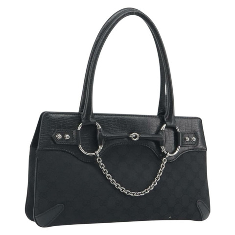 GUCCI 馬銜扣 GG 帆布手提包 黑色 銀色 114913 正品 193014V
