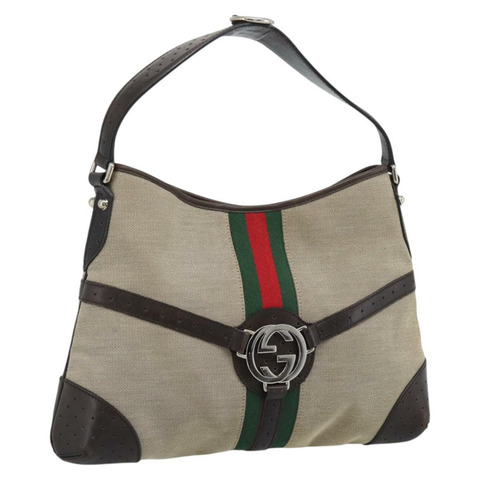 GUCCI Web Sherry Line 單肩包 帆布 米色 銀色 114879 正品 194715A