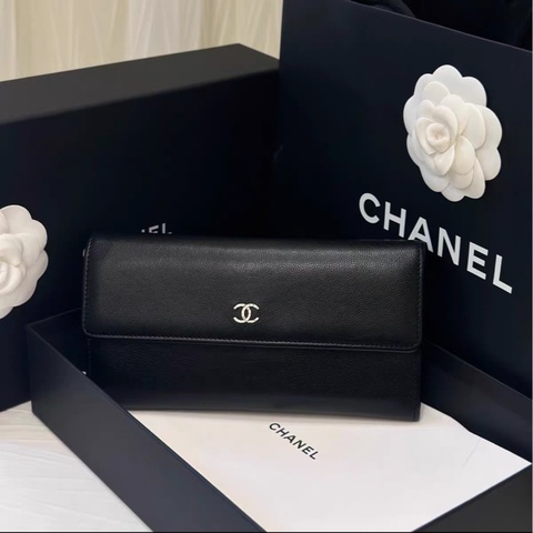 Chanel • 經典黑金荔枝牛皮翻蓋長夾 全配🈶盒裝、保卡