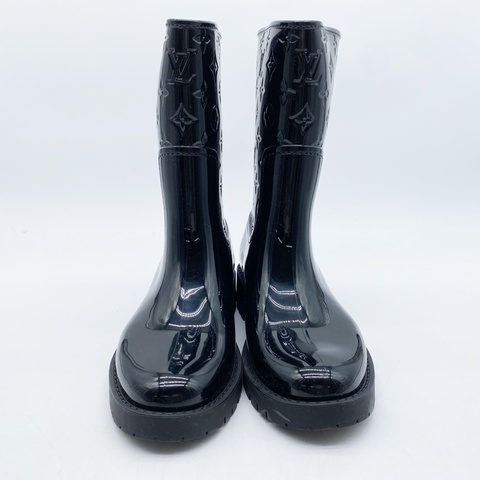 Louis Vuitton LV 經典Monogram壓紋黑色亮面厚底中筒雨靴
