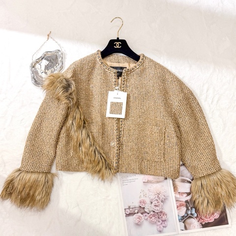 CHANEL 金棕金絲tweed短外套 Size36