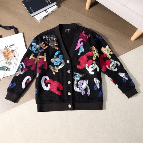 CHANEL 滿版彩色字母印花V領粗花呢外套 Size38/40