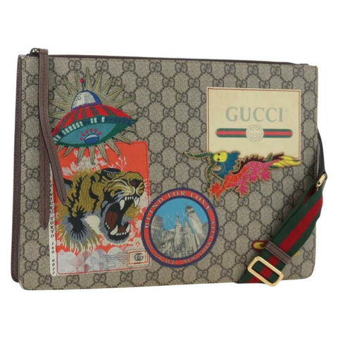 GUCCI GG Supreme Web Sherry Line 郵差包 PVC 米色 金色 474083 正品 194145V