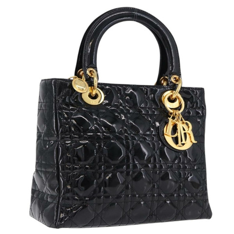 Christian Dior Lady Dior Canage 手提包，漆皮材質，黑色，金色，正品，貨號 194734V