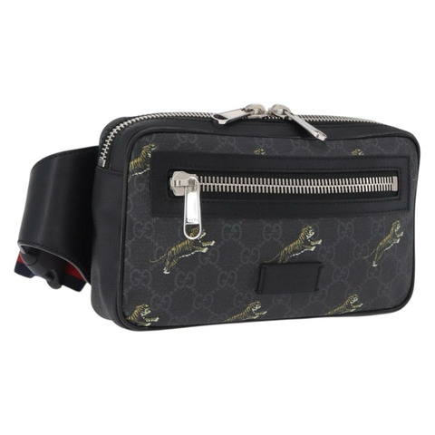 GUCCI GG Supreme Sherry Line 腰包 PVC 黑色銀色 474293 正品 ka5506A