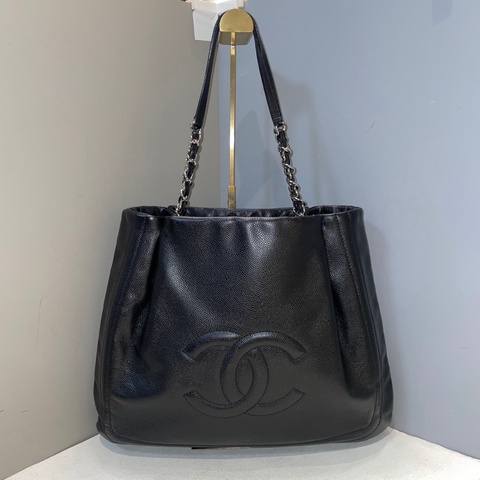 Chanel 香奈兒 黑色荔枝紋牛皮大雙C托特包 尺寸31×40