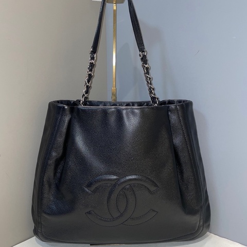 Chanel/香奈兒 黑色荔枝紋牛皮大雙C托特包 31×40