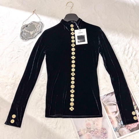 CHANEL 黑色絲絨立領滿排復古金扣長袖上衣 Size36