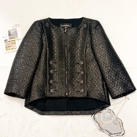 CHANEL 黑金銀絲混紡tweed圓領短外套 Size34