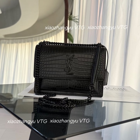 Ysl • 經典So Black 全黑鱷魚壓紋日落包 中號