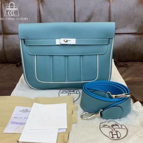 🌈Hermes🩵Berline 28🩵藍色內拼灰色銀扣🌈有單🩵99新🌟Evercolor皮🌟berline28🌟berline🌟愛馬仕🌟