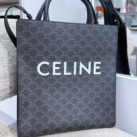 20編碼】CELINE賽琳 CabasTriomphe 中號琴譜包 黑色手柄 帆布拼小牛皮