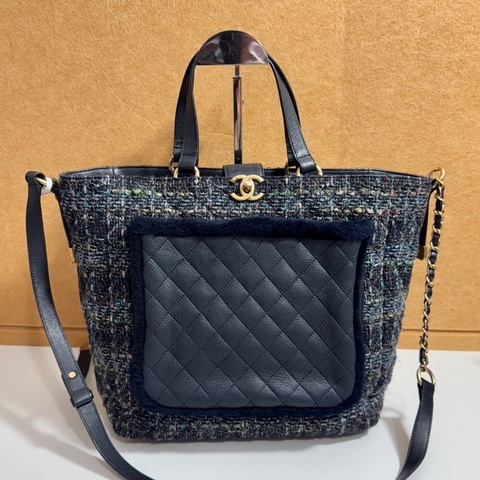 Chanel 嬉皮2way毛呢拼皮托特 26開沒卡