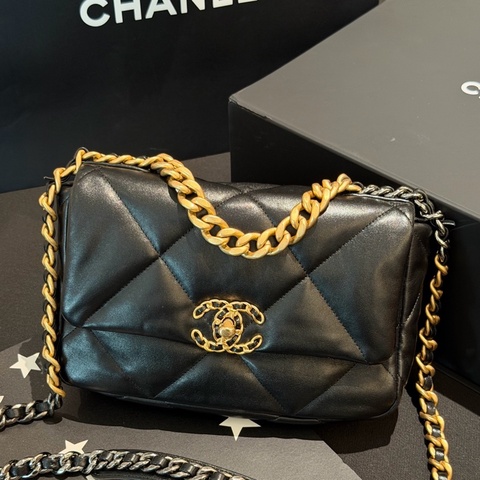 Chanel香奈兒19bag黑金鍊條包斜挎包芯片款小號 22年