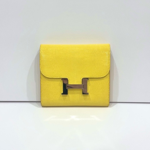 Hermes • 經典檸檬黃蜥蜴皮銀釦Constance 康康短夾 🈶原廠盒裝