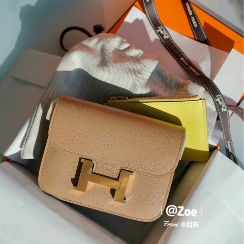 Hermes • 經典Constance 奶茶色金釦Slim錢包 全配🈶盒