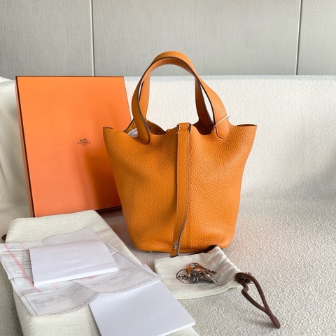 Hermes • 經典Picotin 18 橘色Tc皮銀釦菜籃子 大全配🈶購證