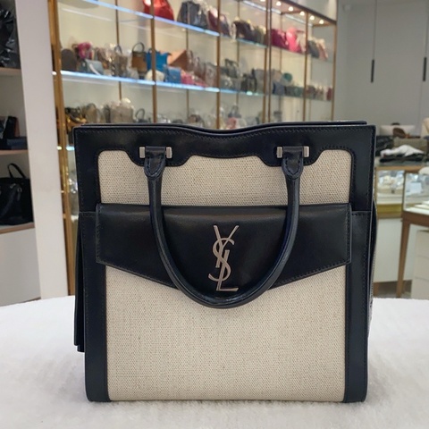 YSL聖羅蘭Uptown 帆布拼皮斜挎包，托特包，尺寸23×22cm，logo肩帶缺失
