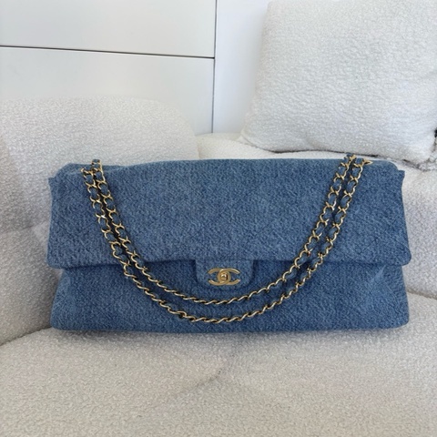 Chanel香奈兒 單寧牛仔cfmaxi金扣 藍色單肩包 芯片款