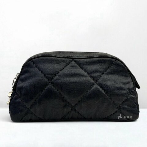 S3863-CHANEL 黑緞面材質菱格紋手拿包