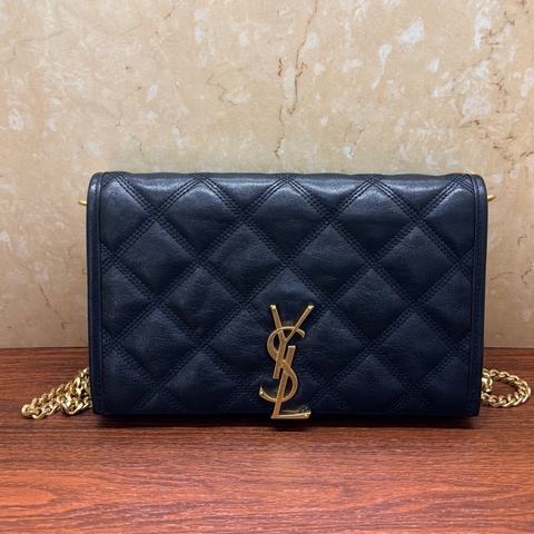 YSL/聖羅蘭 黑色金扣Becky系列 黑色小羊皮菱格紋鏈條包