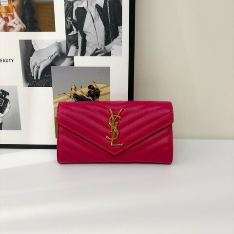 S5399-YSL  桃粉色荔枝皮下蓋信封長夾