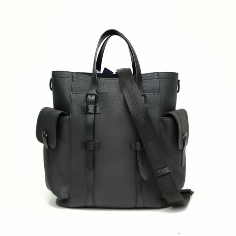 LOUIS VUITTON 黑色牛皮革黑扣晶片ChristopherTote托特包肩背包