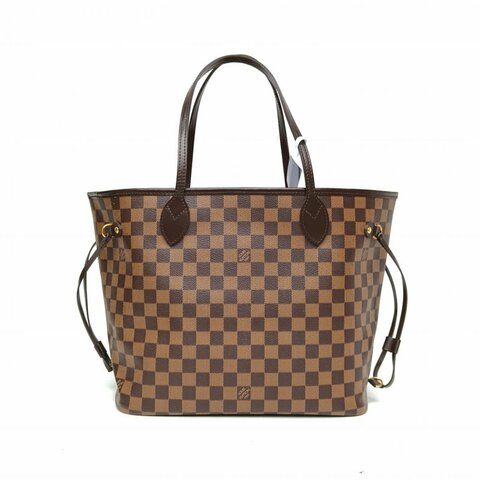 LOUIS VUITTON Neverfull中號配子袋棕色棋盤格PVC金扣肩背包