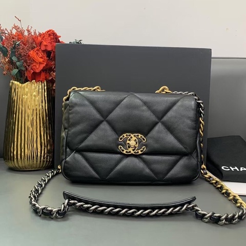 Chanel香奈兒19bag小號黑金鍊條包芯片 單肩鏈條包
