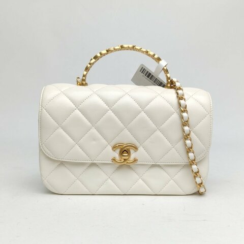 CHANEL 白色羊皮革晶片金扣24S鏤空水鑽手柄郵差包肩背包