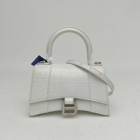 BALENCIAGA 鱷魚壓紋Hourglass沙漏手袋銀扣白色牛皮革肩背包