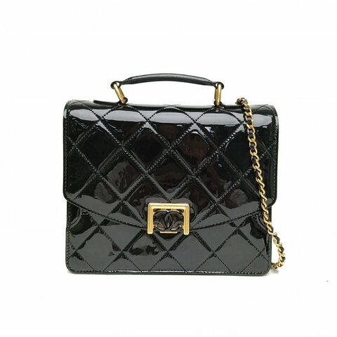 CHANEL 黑色漆皮晶片金扣23A復古郵差手提斜挎包肩背包