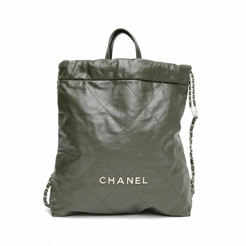 CHANEL 綠色牛皮革晶片銀扣22Bag帶手柄雙肩包大號肩背包