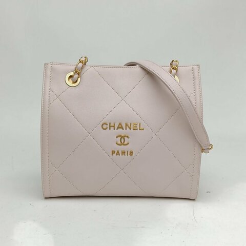 CHANEL 21秋冬單肩托特包小號淡粉色牛皮革晶片金扣肩背包