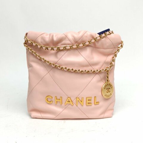 CHANEL 22BagTote托特包Mini粉色牛皮革晶片金扣晶片肩背包
