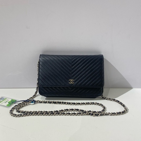 Chanel香奈兒 黑銀v紋woc 荔枝牛皮
