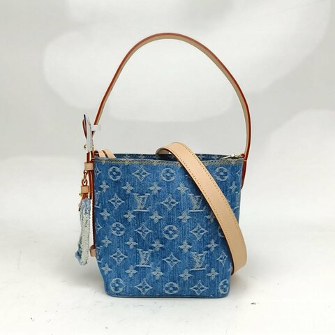 LOUIS VUITTON ALLINBB小號老花印花手袋牛仔藍帆布金扣晶片肩背包