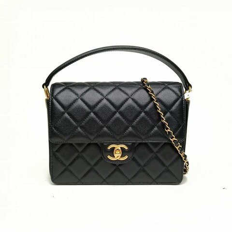 CHANEL 黑色牛皮革晶片金扣24K手柄CF口蓋包手提單肩包肩背包